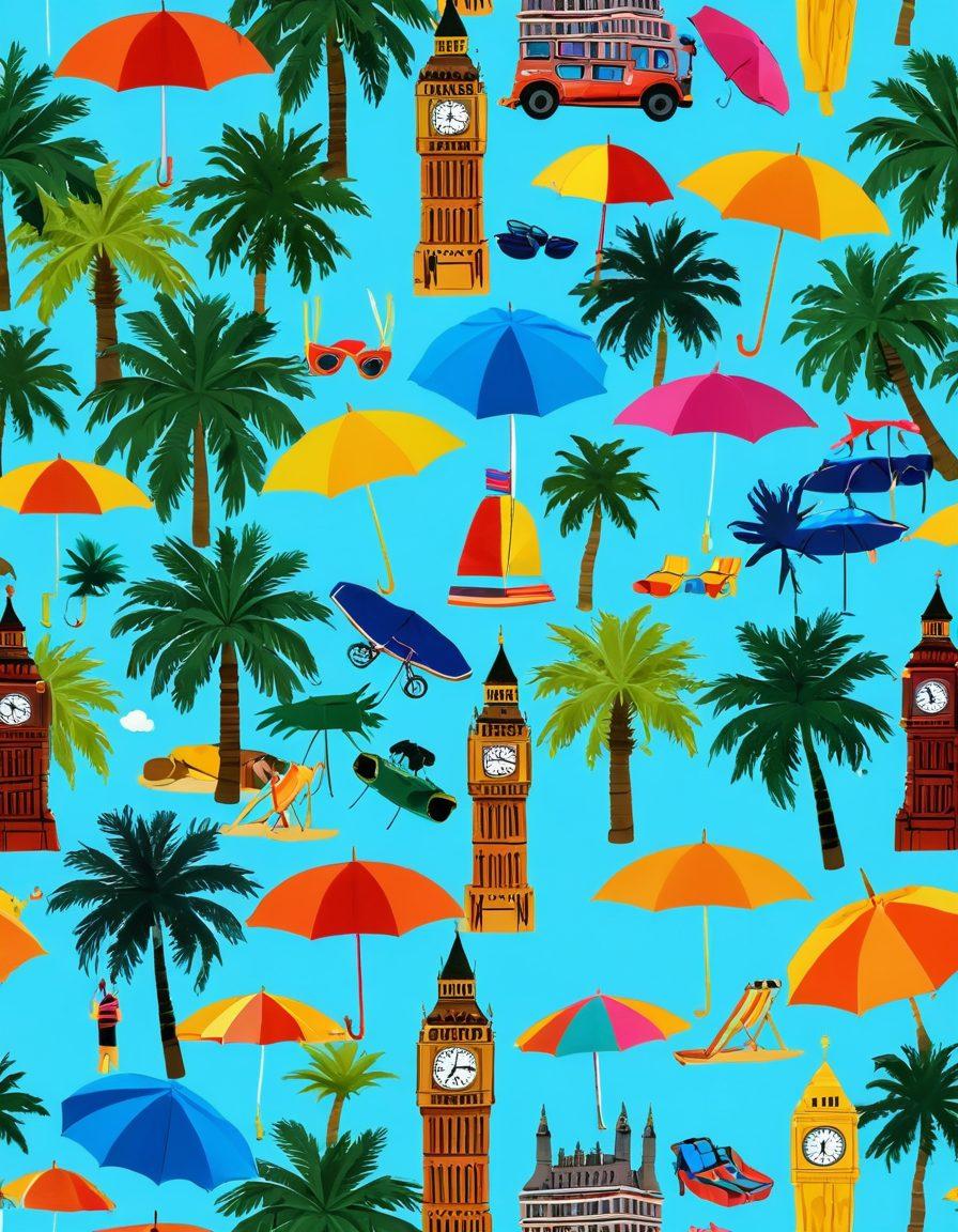 A vibrant beach scene set in an urban London backdrop, featuring stylish beachwear-clad individuals enjoying the sunny atmosphere. Include iconic London landmarks like the Big Ben and the London Eye, along with beach umbrellas and a sandy area. Blend the city vibe with tropical elements such as palm trees and beach balls. Bright colors and a lively, cheerful atmosphere. super-realistic. vibrant colors.